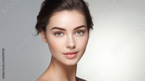 Wellness model beauty and skincare for face washing and makeup product. Isolated on a white background, a young woman with glowing skin from dermatology, a spa, and a facial with a studio backdrop
