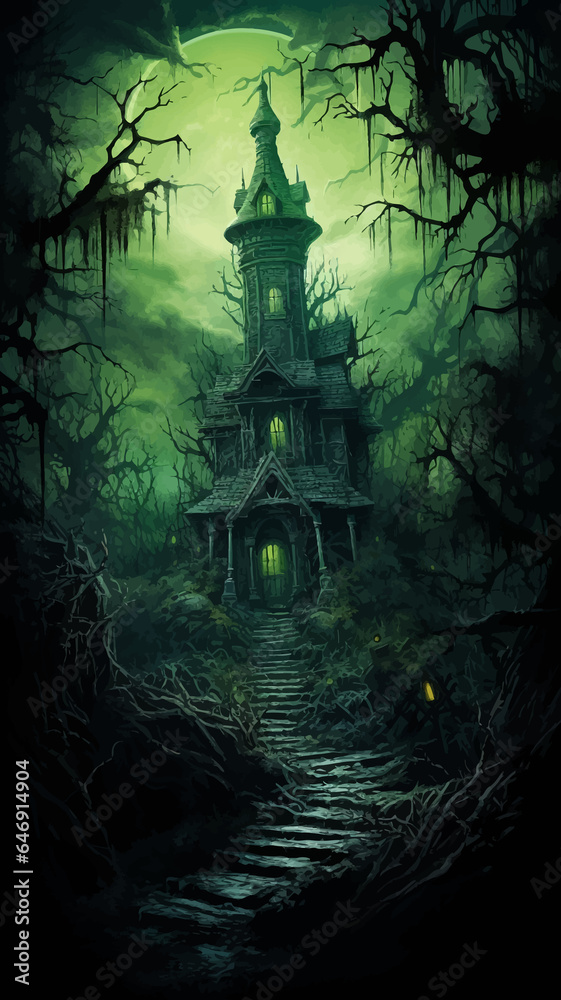 Wooden Haunted house and full moon. Spooky Old Haunted house in spooky dark forest. Haunted house in the night forest. Moonlight. Witch's house. Mystical. Halloween scene. Halloween concept Vector art Wooden Haunted house and full moon. Spooky Old Haunted house in spooky dark forest. Haunted house in the night forest. Moonlight. Witch's house. Mystical. Halloween scene. Halloween concept Vector art