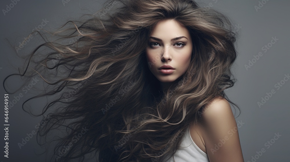 Naklejka premium Beautiful portrait of a brunette woman with long curly hair, showcasing her glamorous makeup, expressive eyes, and radiant skin in a studio closeup