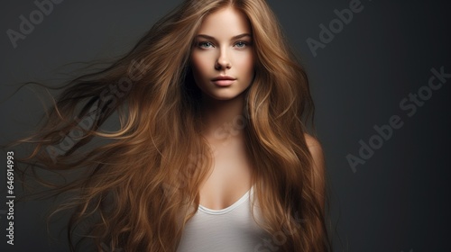 Portrait of a woman with wind in her hair in a studio for treatment, wellness, and beauty on a gray background. Salon, hairdresser, and a happy female model with healthy, natural hairstyles
