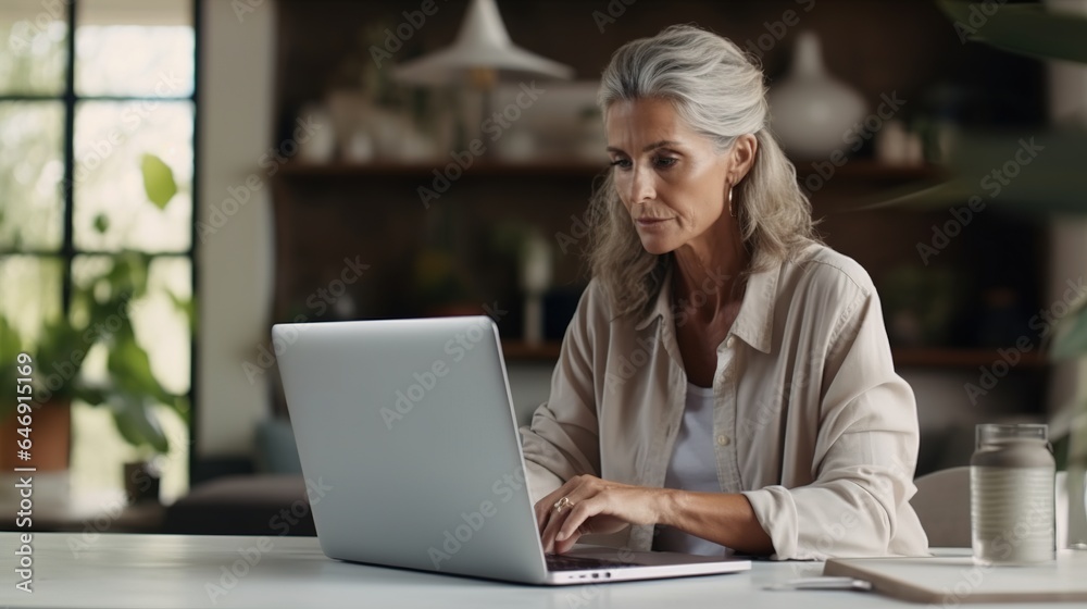 Senior woman working on laptop in home office Senior woman working on laptop in home office