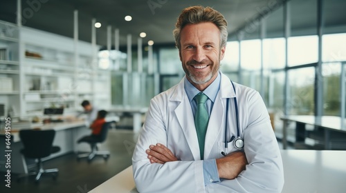Portrait of a guy physician in a medical facility with a stethoscope  crossed arms  and confidence. A smiling  professional man in a medicare clinic  either as a surgeon or as a healthcare worker.