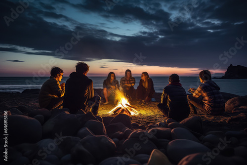 happy young people gathered around a campfire