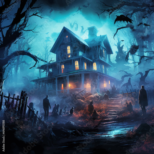 Wooden Haunted house and people. Spooky Old Haunted house in spooky dark forest. Haunted house in the night forest. Moonlight. Witch s house. Mystical. Halloween scene. Halloween concept. Vector art
