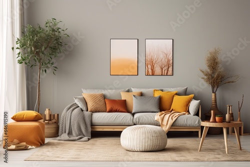 beautiful living room scandinavian boho brown nature color scheme interior mockup room background daylight cosy comfort lifestyle simple home living concept