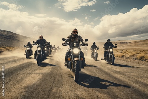 Collective of motorcyclist cruising Together. Group of bikers man riding speed motorcycle on empty motion road against beautiful cloudy sky. Motorbike sports riding fast and having fun driving. © Stavros