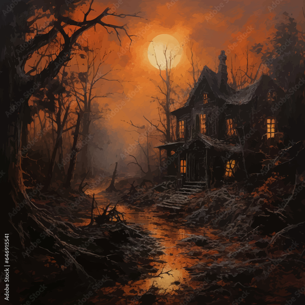 Wooden Haunted house and full moon. Spooky Old Haunted house in spooky dark forest. Haunted house in the night forest. Moonlight. Witch's house. Mystical. Halloween scene. Halloween concept Vector art