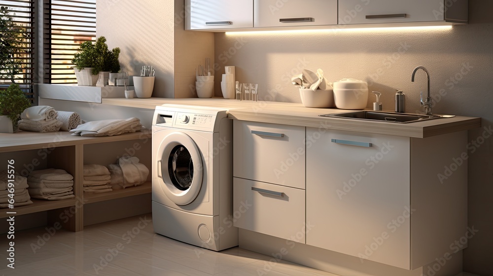 Modern washing machine inside contemporary kitchen. Modern washing machine inside contemporary kitchen.