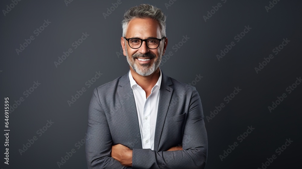 Portrait of a professional businessman with glasses on gray studio background. generative ai Portrait of a professional businessman with glasses on gray studio background. generative ai