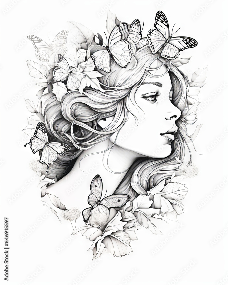 Fototapeta premium Butterfly woman Coloring Book Page