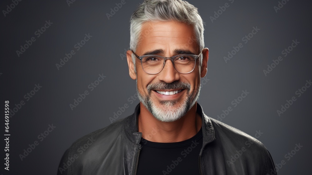 Obraz premium Portrait of a professional businessman with glasses on gray studio background. generative ai