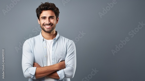 handsome young businessman posing in studio against a grey background