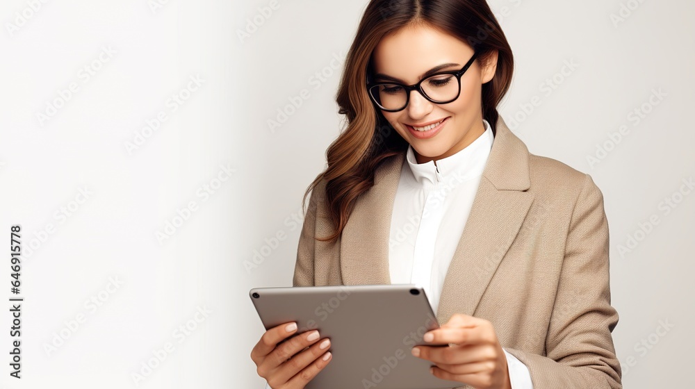 beautiful businesswoman holding a tablet isolated on white background beautiful businesswoman holding a tablet isolated on white background