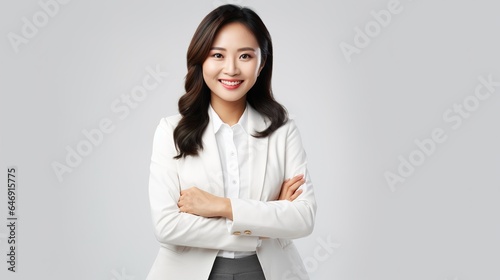 lovely youthful young asian businesswoman with crossed arms isolated on white background