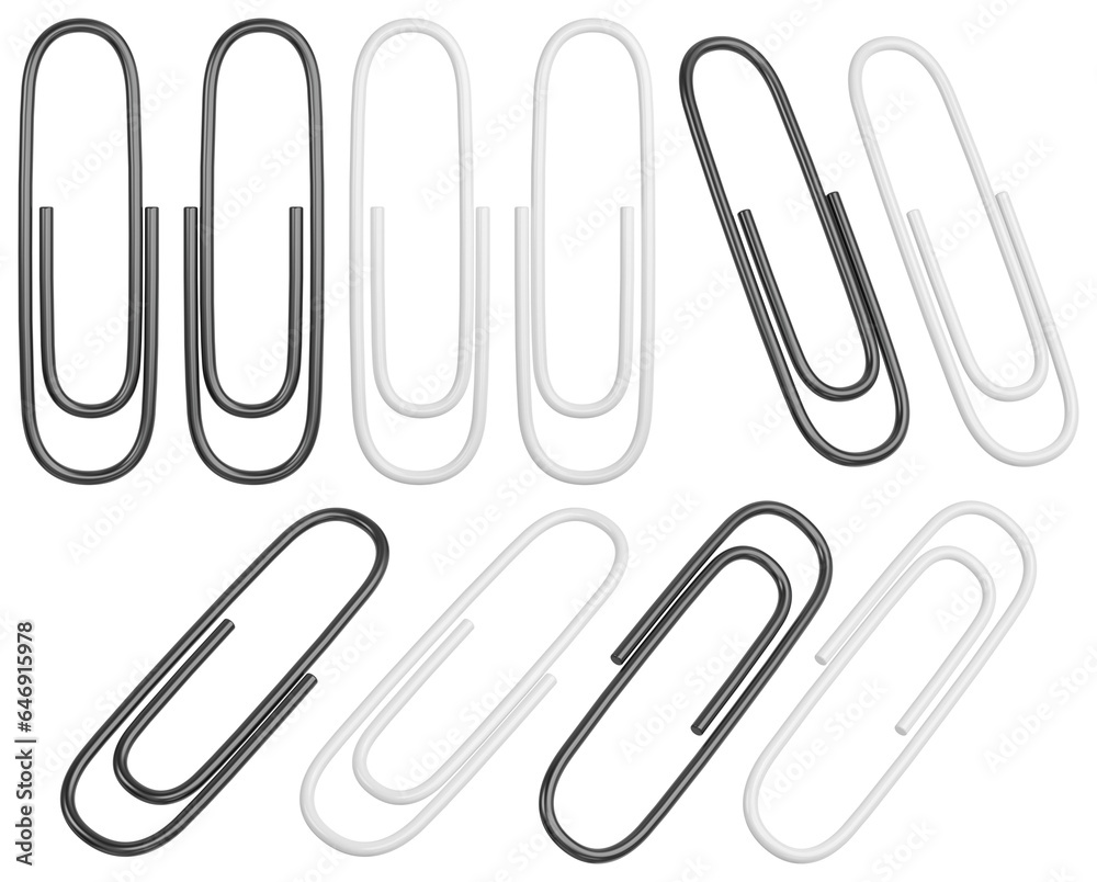 Realistic metal paper clips set in different positions. Isolated black and white clips. 3D rendering. Realistic metal paper clips set in different positions. Isolated black and white clips. 3D rendering.