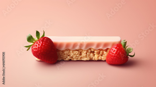 Healthy Strawberry protein muesli bar with yougurt glaze. Isolated on flat beige background with copy space. 3d render illustration style.