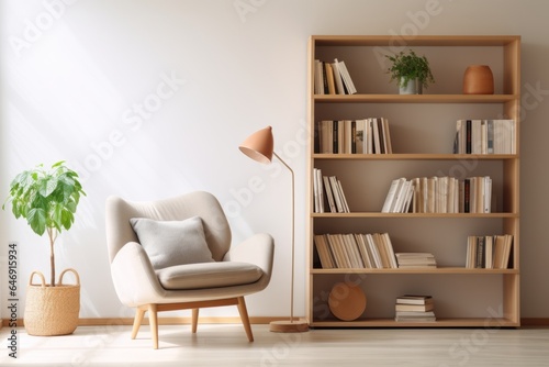 home beautiful interior template mockup living room design background cosy armchair with wooden cabinet bookshelf bright clean and clear interior space home background design © VERTEX SPACE