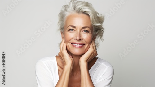 beautiful mature woman posing against a white background