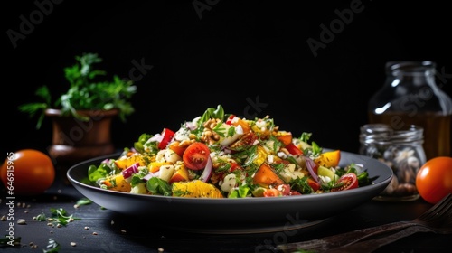 Vegetarian salad prepared by chef in home kitchen; menu design space on dark background.