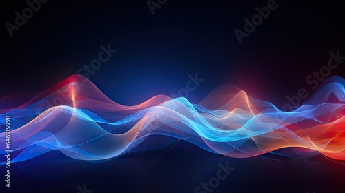 Abstract futuristic background with purple and blue glowing neon moving high speed wave lines and bokeh lights. Visualization of sound waves. Data transfer. Fantastic wallpaper gen by AI © pinkrabbit