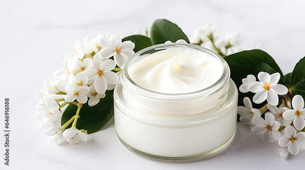 whitening and moisturizing Face cream in an open glass jar and flowers on white background. Set for spa, skin care and body products and solutions for skin problems such as scars, acne, wrinkles. whitening and moisturizing Face cream in an open glass jar and flowers on white background. Set for spa, skin care and body products and solutions for skin problems such as scars, acne, wrinkles.