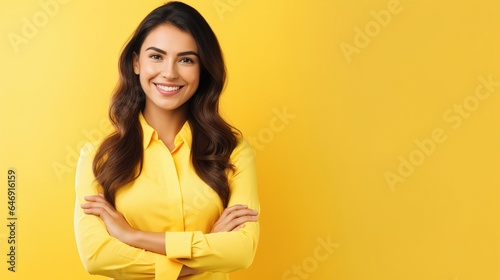 Confident young woman standing with her arms crossed on yellow background photo