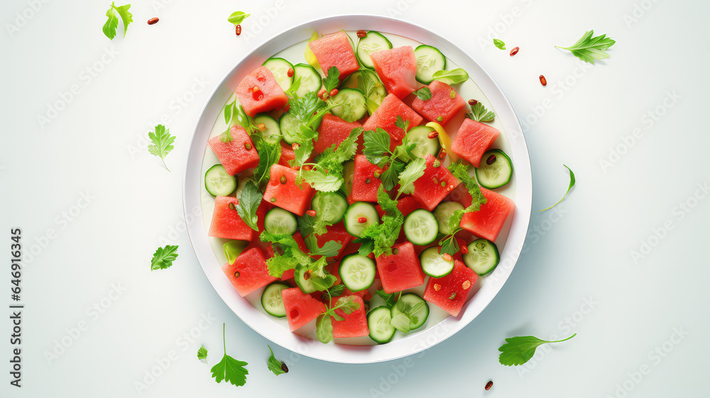 Top view of Healthy fresh Watermelon salad with cucumber in round plate. Isolated on flat light color background with copy space. Top view of Healthy fresh Watermelon salad with cucumber in round plate. Isolated on flat light color background with copy space.