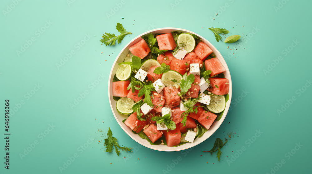 Top view of Healthy fresh Watermelon salad in round plate. Isolated on flat light color background with copy space. Top view of Healthy fresh Watermelon salad in round plate. Isolated on flat light color background with copy space.