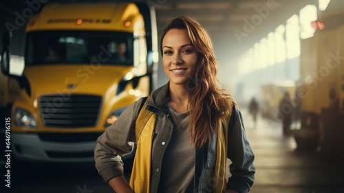 Logistics worker in an industrial shipping yard, the manufacturing business, or the transportation trade. Female cargo driver portrait 