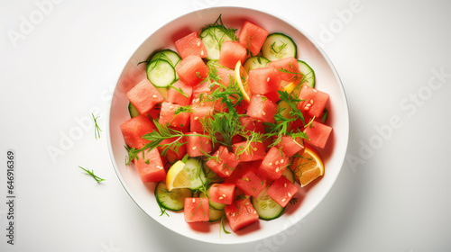 Top view of Healthy fresh Watermelon salad with cucumber in round plate. Isolated on flat light color background with copy space.