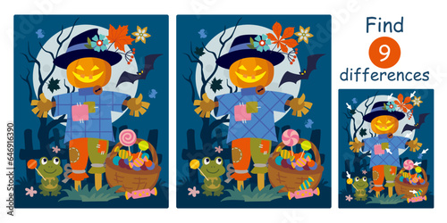 Cute cartoon scarecrow with pumpkin head, candy basket on dark night background with bat and moon. Halloween color flat vector illustration. Find differences, education game for children.