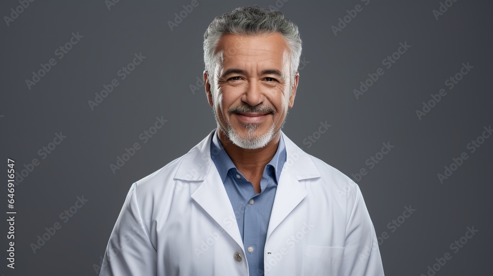 Mature doctor looking at camera isolated on gray studio background. generative ai