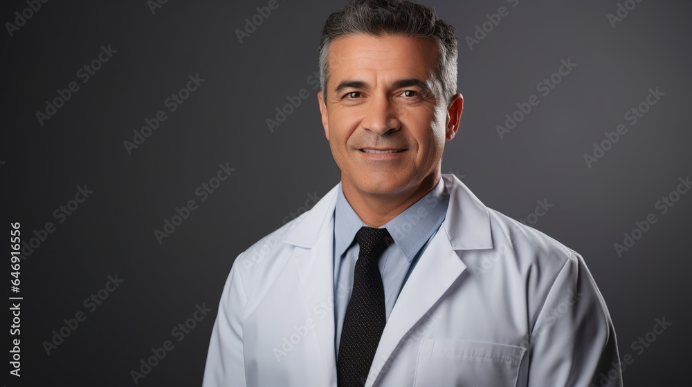 Mature doctor looking at camera isolated on gray studio background. Mature doctor looking at camera isolated on gray studio background.