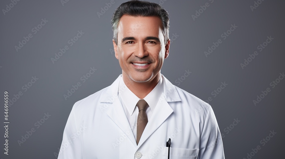 portrait of a professional doctor looking at camera isolated on gray studio background. generative ai portrait of a professional doctor looking at camera isolated on gray studio background. generative ai