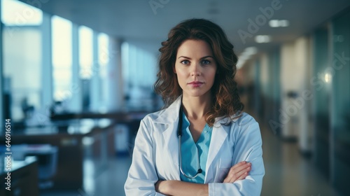 confident female doctor standing with her arms crossed in hospital