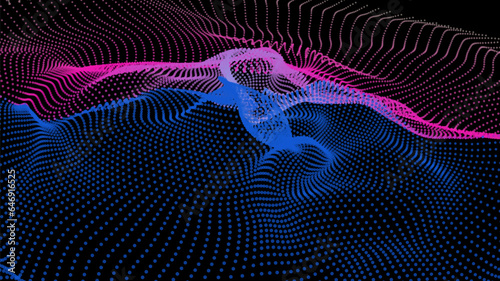 Energy net flows. Dot particle lines penetrating fog. Neon lights plexus of knots. Curved node row space infinity. Linking funnel universe parameters. Background information technology presentation.