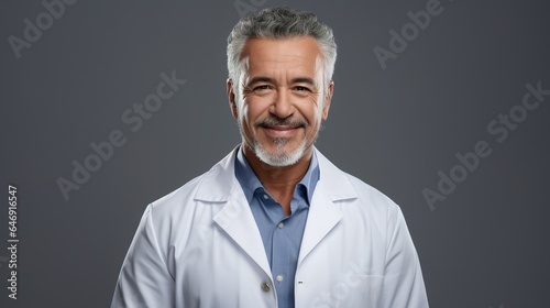 Mature doctor looking at camera isolated on gray studio background. generative ai