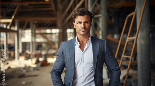  businessman in a city for industry, design, or planning. Architecture, project management, or infrastructure on a construction site with a male contractor