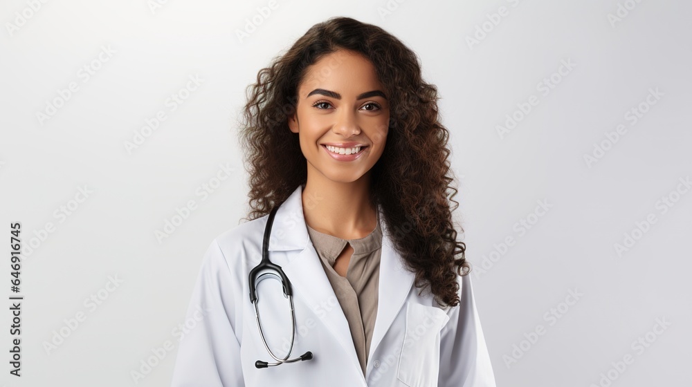 Woman doctor looking at camera isolated on white studio background. generative ai Woman doctor looking at camera isolated on white studio background. generative ai