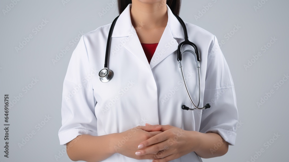 Close Up female doctor standing on studio background Close Up female doctor standing on studio background