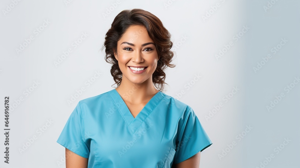 smiling mid-aged doctor looking at the camera. A happy, adult pediatrician stands over a blue background with copy space. Woman general practitioner with stethoscope. generative ai smiling mid-aged doctor looking at the camera. A happy, adult pediatrician stands over a blue background with copy space. Woman general practitioner with stethoscope. generative ai