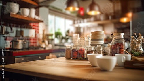 Blurred kitchen interior with products in the background. © Vusal