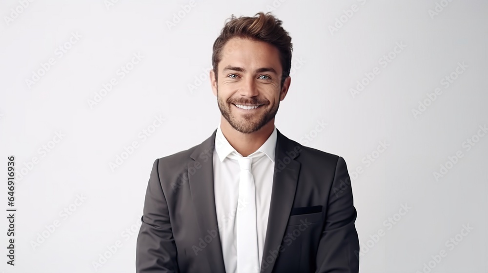 Young businessman with a smile posing on a gray background in a traditional black suit with a shirt and tie. Success, prosperity, and business concepts. generative ai Young businessman with a smile posing on a gray background in a traditional black suit with a shirt and tie. Success, prosperity, and business concepts. generative ai