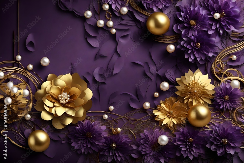3D Wallpaper Design with Floral and Geometric Objects gold ball and pearls, gold jewelry wallpaper purple flower