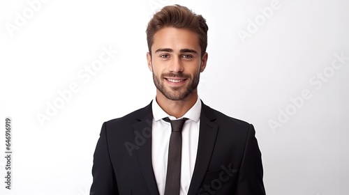 Portrait of a young businessman looking at camera isolated on white studio background.