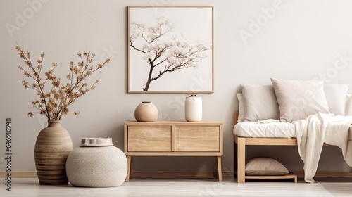 Modern home staging with beige japndi concept, showcasing a stylish rattan pouf, wooden commode, ladder, tea pot, mock up poster frame, flowers, and elegant accessories. © Lasvu