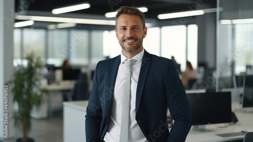 leader in business smiles and looks into the camera while standing in his office. Male corporate executive manager CEO posing for a professional portrait while with his arms folded. generative ai