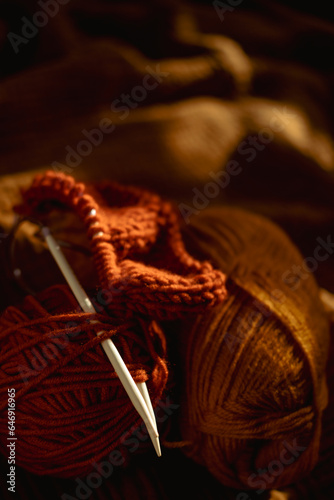 Autumn Fall Hobbies and Activities, knitting. Hygge Warm Hobbies to start a new cozy leisure-time activity. Fall cozy hobbies to help relax. Knitting needles and threads for knitting in sunlight
