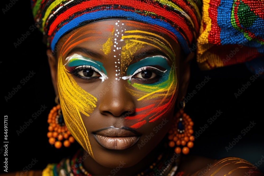 A dark-skinned girl with a painted face with paints.