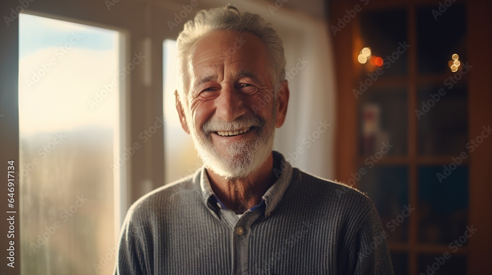 photo of a happy elderly man at home - obrazy, fototapety, plakaty 
